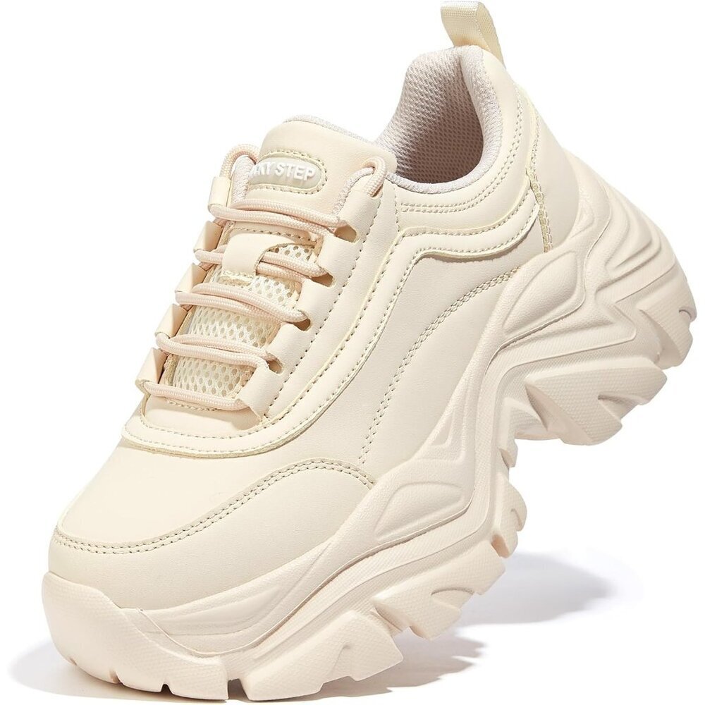 Lucky Step Women Beige Rhinestone Lace Up Chunky Dad Casual Walking Sneakers